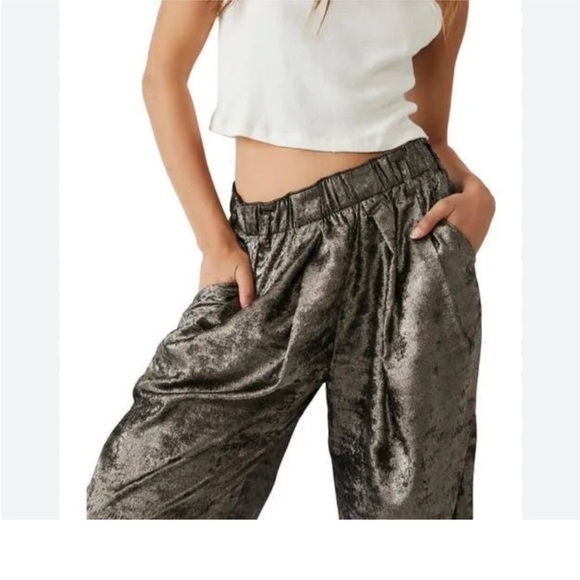 Free‎ People Hi-Fi Metallic Wide Leg Pants Gunmetal Silver Gray - Picture 4 of 5